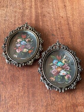 Dainty Vintage MCM Italian Handpainted Flowers with Brass Frames